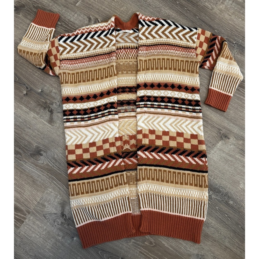 Label of Love Chunky Knit Duster Cardigan Striped Tan White Pink Black Small Med